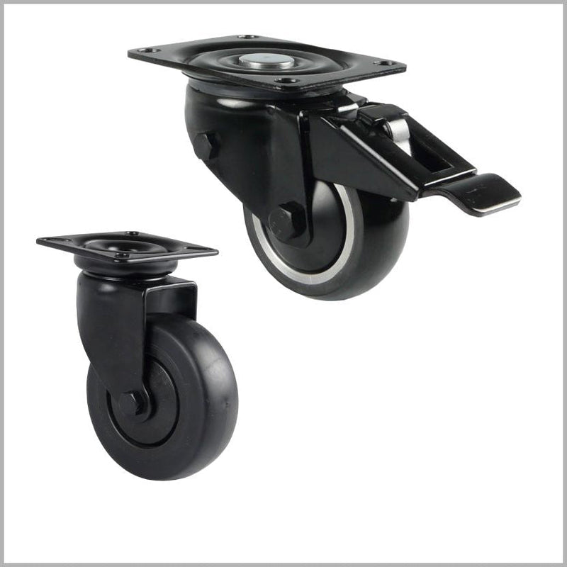 2 schwarze Rollen, eine lenkbar mit Platte, eine mit Feststeller ( Bremse )