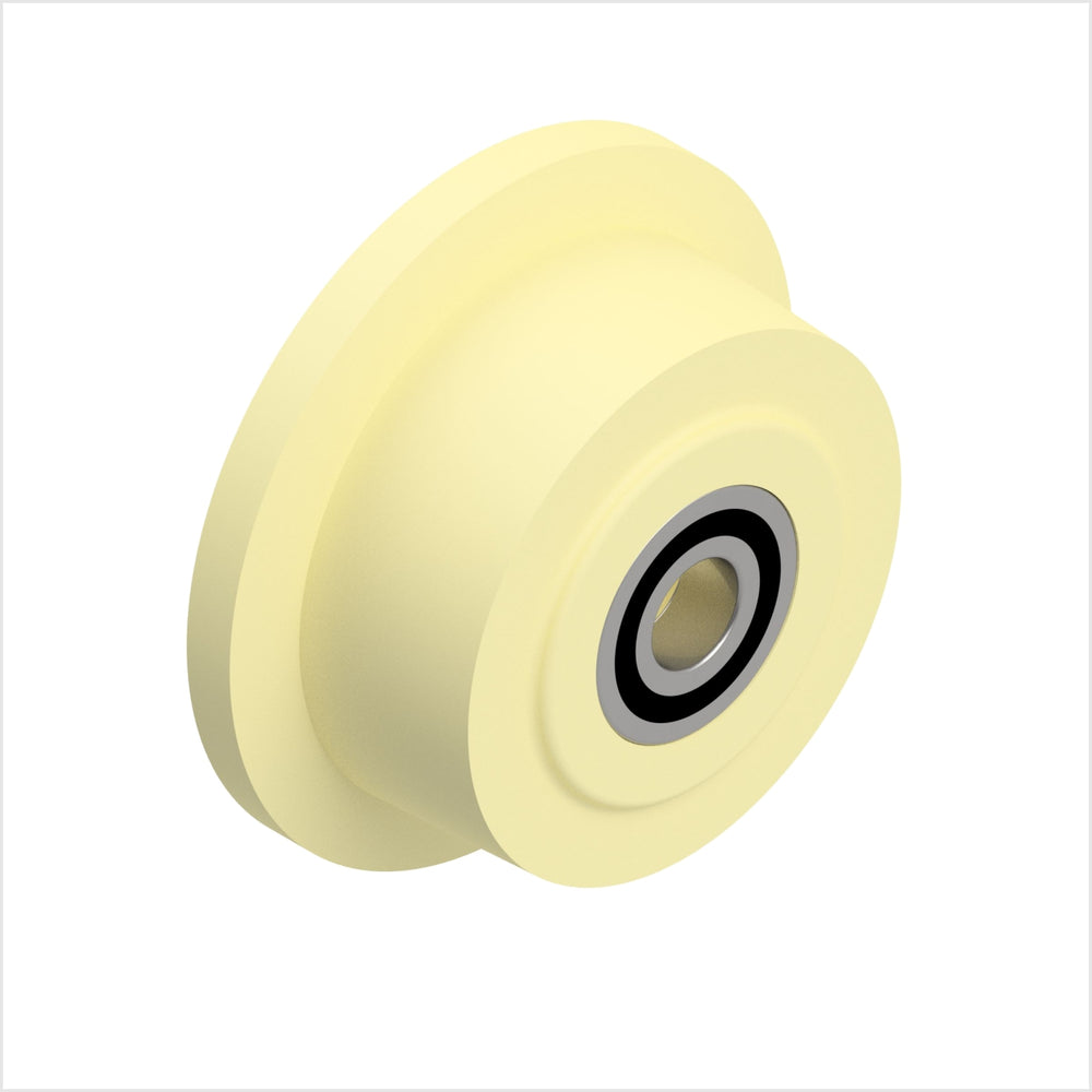 Rueda con pestaña tipo 2505K fabricada en poliamida 6G con rodamiento de bolas, rueda industrial resistente al desgaste para sistemas de guiado y tecnología de transporte sobre raíles.
