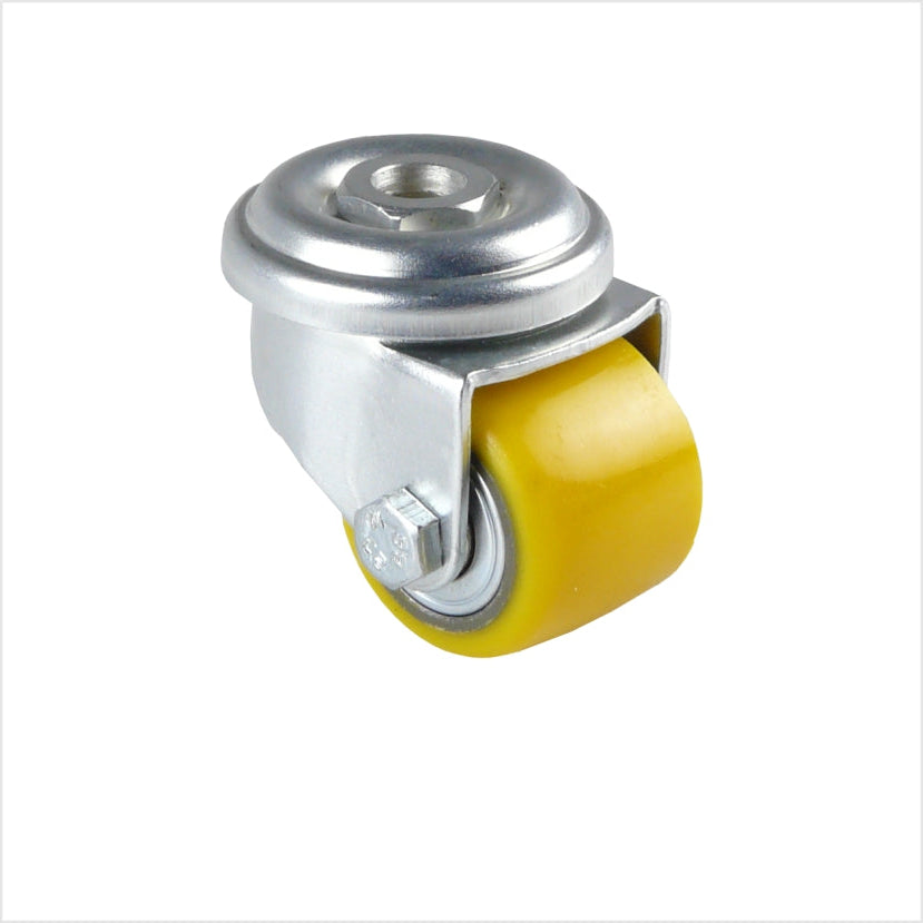 Minirueda giratoria de 35 mm de alta resistencia con rueda de poliuretano amarilla, para teatros, escenarios, almacenes e industria.