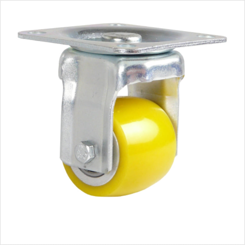 Bockrolle mit breitem Rad 50 x 40 mm, ballige Ausführung, aus Polyurethan mit einer Kopfplatte als Anschraubplatte mit 4 Löchern.