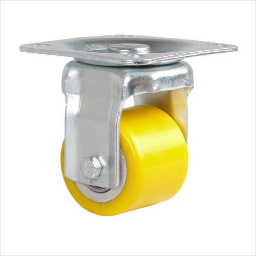 Rueda giratoria con rueda ancha de 50 x 40 mm fabricada en poliuretano con placa de fijación atornillable de 4 orificios.
