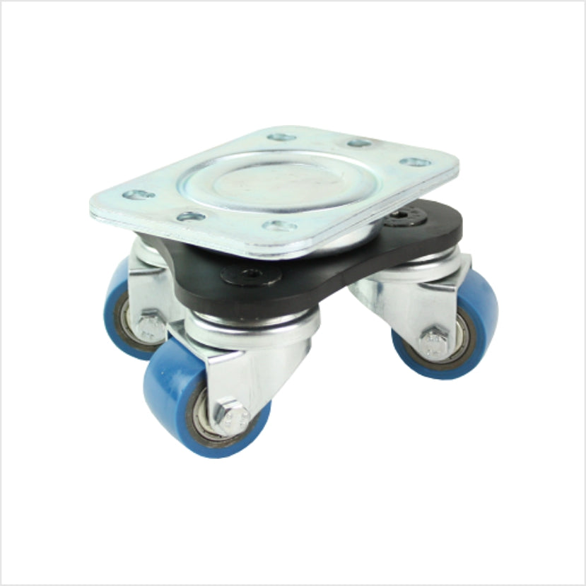 Miniplataforma giratoria de alta resistencia DRT-MIS-680K con chasis triangular y tres ruedas, diámetro de rueda de 35 mm, plataforma giratoria compacta para posicionamiento preciso y alta capacidad de carga.