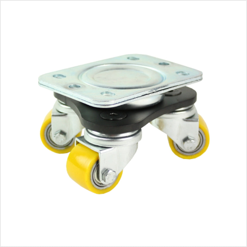 Miniplato giratorio de alta resistencia de 35 mm con tres rodillos orientables de poliuretano blando para una fácil movilidad en un diseño compacto.