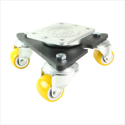 Mini tocadiscos de alta resistencia con 3 ruedas amarillas, vista en detalle. La superficie de rodadura es redonda convexa.