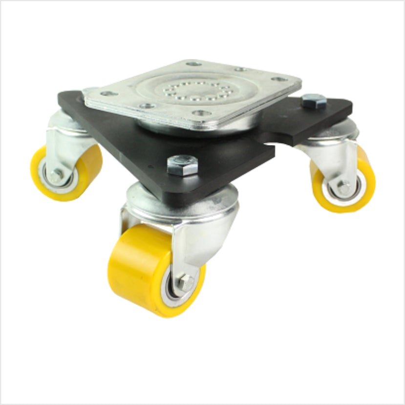 Mini plato giratorio de 50 mm de alta resistencia con rueda de poliuretano resistente y superficie de rodadura plana; versión industrial con poliuretano duro y superficie de rodadura lisa.