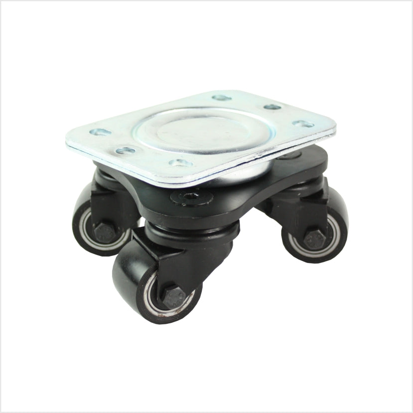 Mini tocadiscos negro de 35 mm de alta resistencia con ruedas de poliuretano negras: diseño discreto y neumáticos de PU negros resistentes al desgaste.