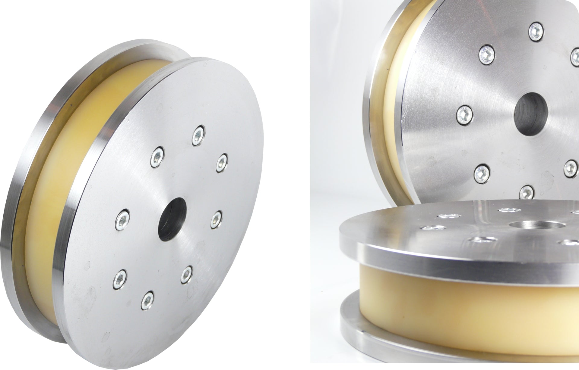 Mehrteiliges DoppelSpurkranzrad verschraubt. Besteht aus 3 Teilen. mittig ein Vulkollan-Laufbelag und beidseitig zwei Fürhungsscheiben aus Stahl. 