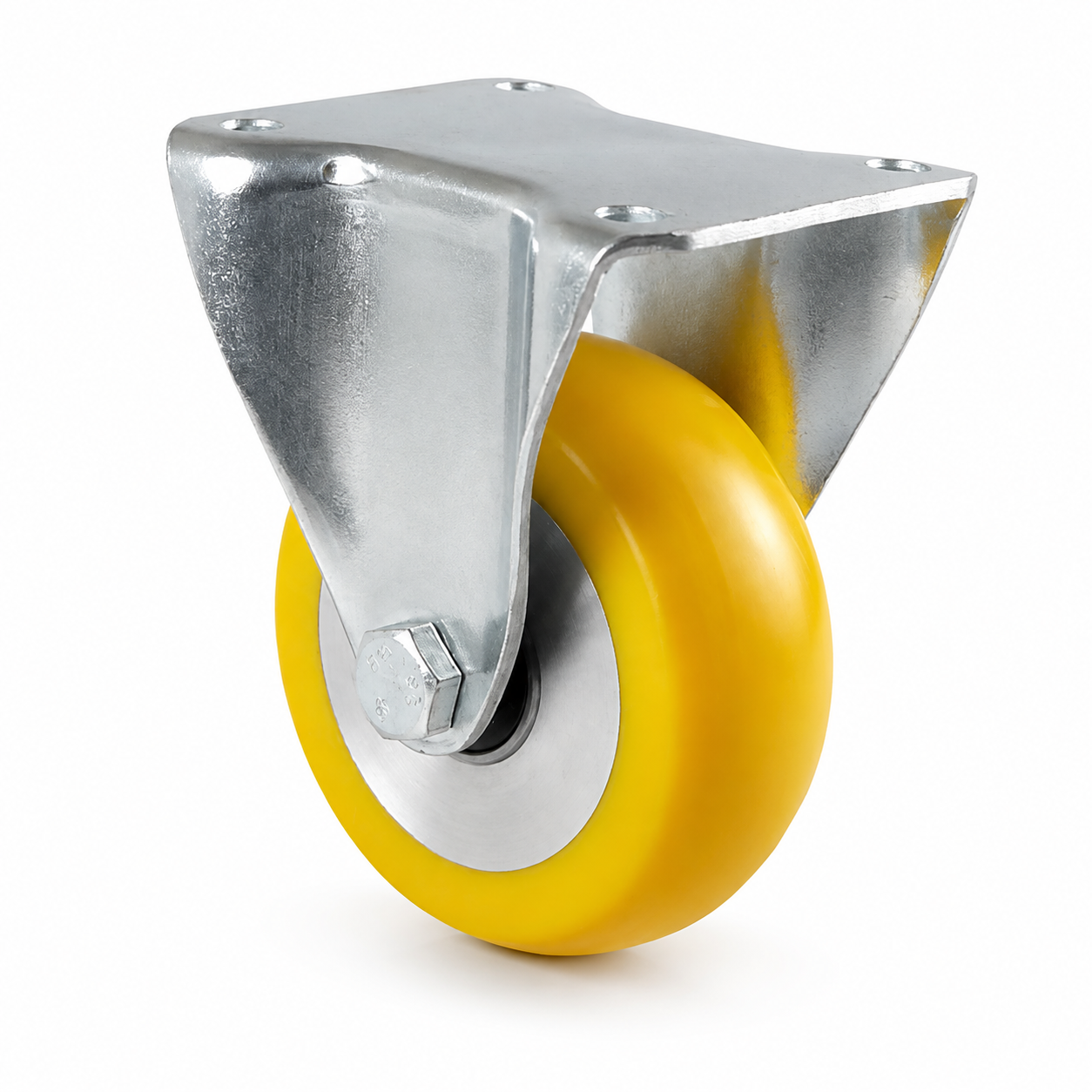Industrie-Bockrolle Ø 100 mm ballig mit Anschraubplatte – gelbes Polyurethan-Rad
