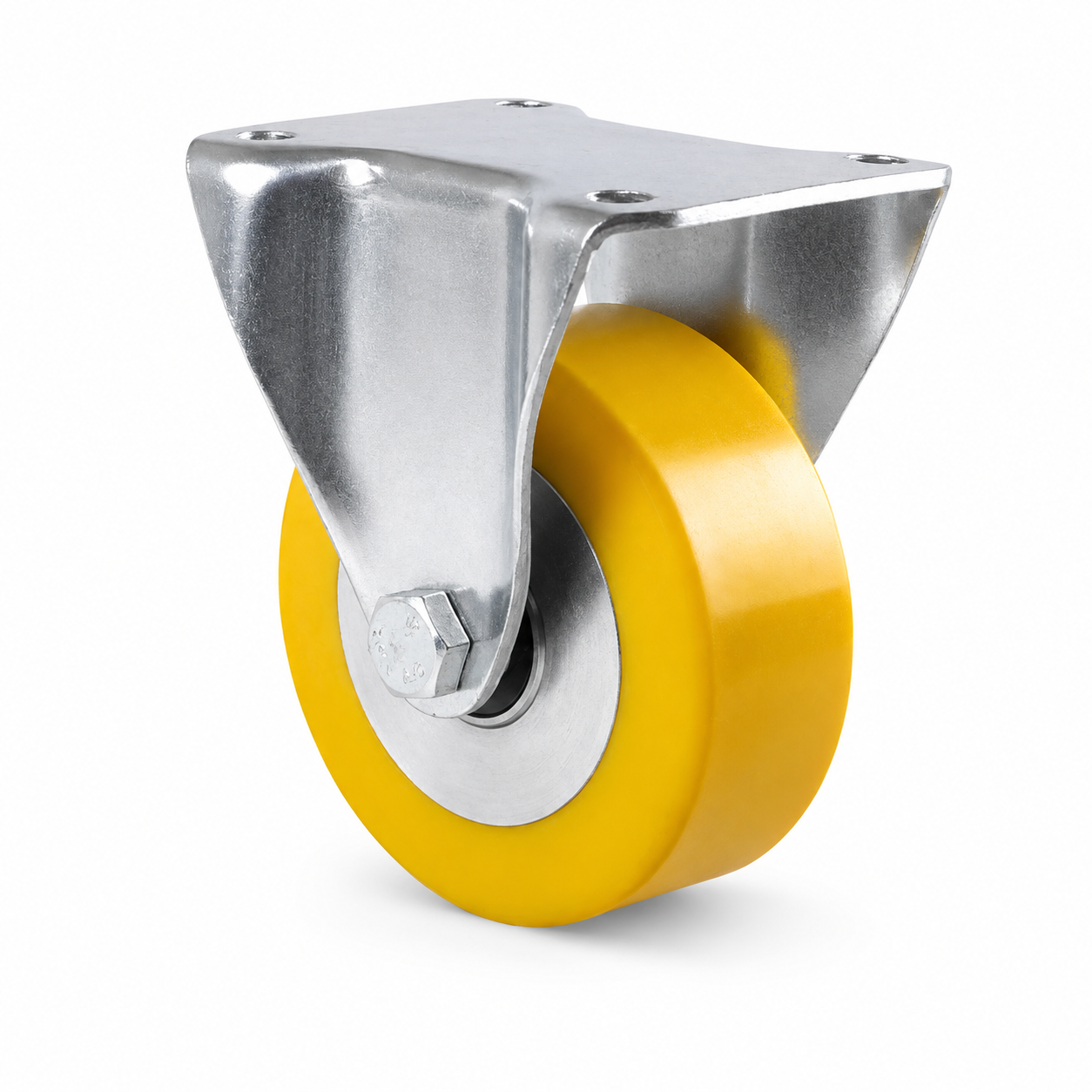 Industrie-Bockrolle Ø 100 mm flach mit Anschraubplatte – gelbes Polyurethan-Rad