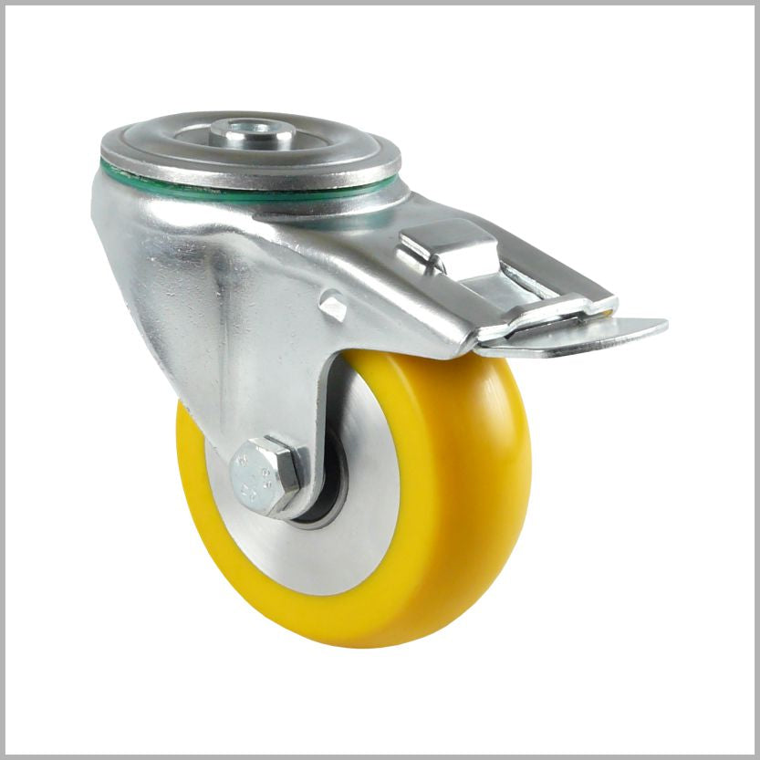 Rueda giratoria de 80 mm con orificio trasero y freno, PU