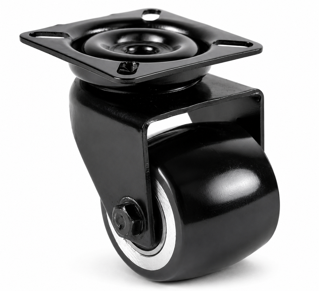 Schwarze 50 mm Mini-Schwerlast-Lenkrolle L-DAPS/691KBA mit balligem Polyurethan-Rad und Plattenbefestigung