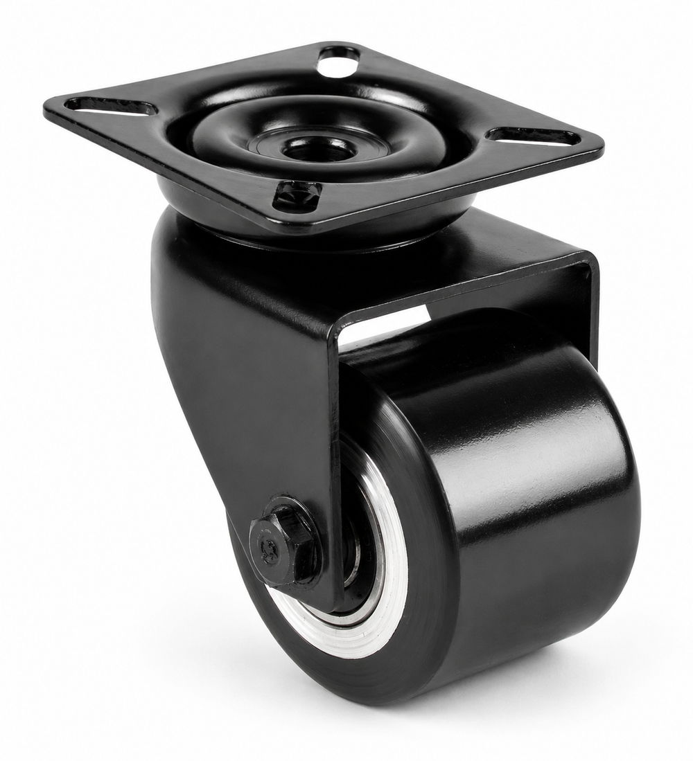 Schwarze 50 mm Mini-Schwerlast-Lenkrolle L-DAPS/691KFL mit Polyurethan-Rad und Plattenbefestigung
