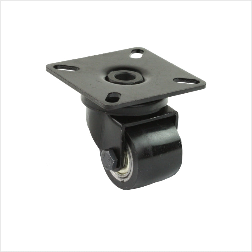 mini Lenkrolle - Schwerlastrolle - mit 35 mm Polyurethan-Rad schwarz, mit Plattenbefestigung für 4 Schrauben 6 mm, schwarz beschichtetes Gehäuse 