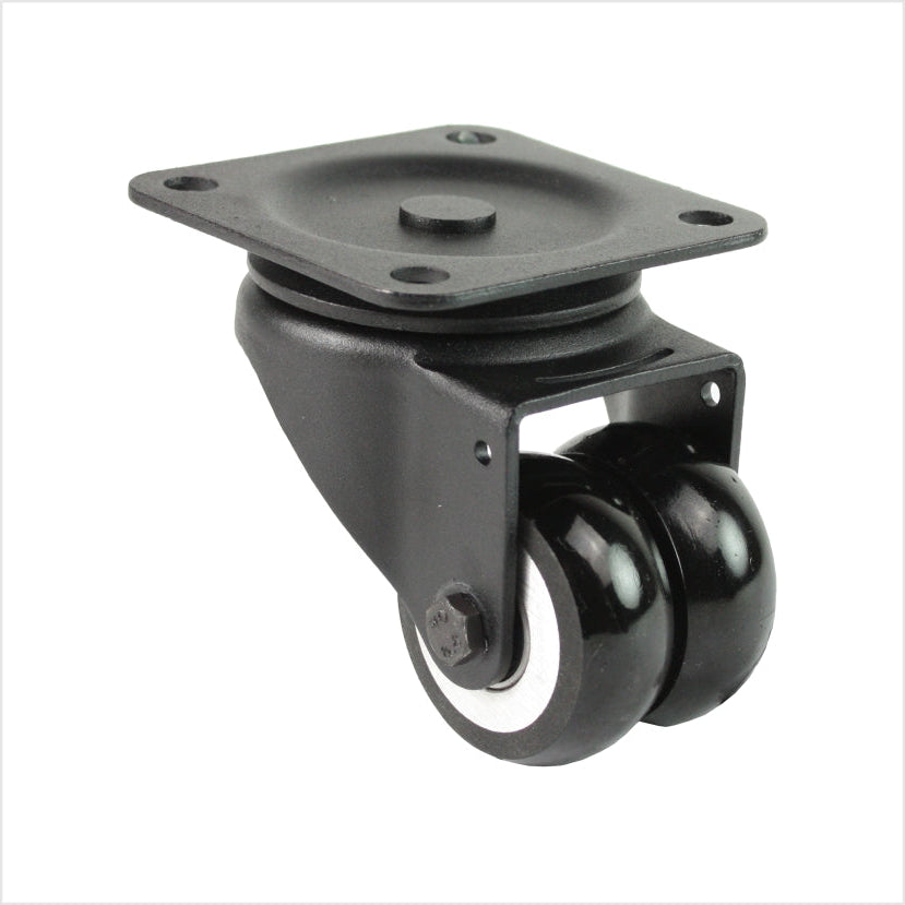 Mini rueda giratoria doble de alta resistencia con carcasa negra y 2 ruedas de poliuretano negras, con forma convexa para facilitar el giro y el empuje.