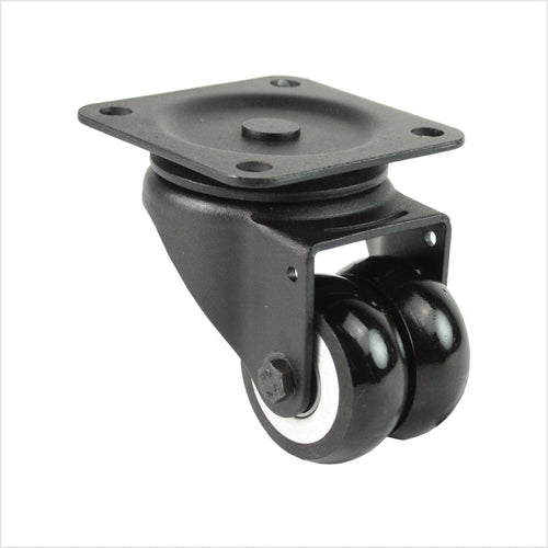 Mini rueda giratoria doble de alta resistencia con carcasa negra y 2 ruedas de poliuretano negras, con forma convexa para facilitar el giro y el empuje.