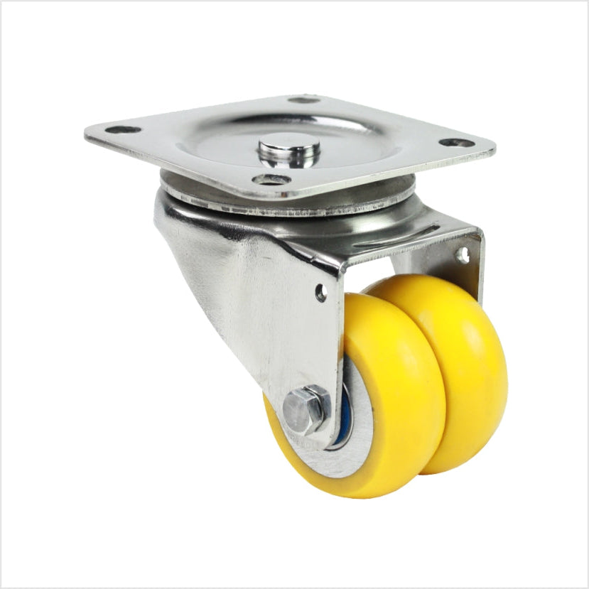Rueda giratoria de acero inoxidable, mini rueda de alta resistencia, 50 mm, inoxidable, con 2 ruedas de poliuretano amarillo y rodamientos de bolas de acero inoxidable, forma de rueda abombada