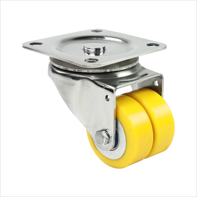Rueda giratoria de acero inoxidable, mini rueda de alta resistencia, 50 mm, inoxidable, con 2 ruedas de poliuretano amarillo y rodamientos de bolas de acero inoxidable, forma de rueda plana.