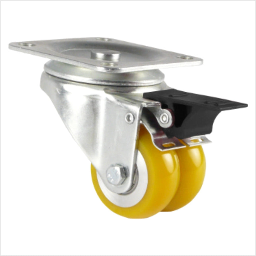 Lenkrolle mini Schwerlastrolle mit Bremse (Feststellhebel) mit zwei gelben Polyurethan-Rädern 50 x 20 mm , Radform ballig, mit schwarzem Hebel, Kopfplatte für 4 Löchern