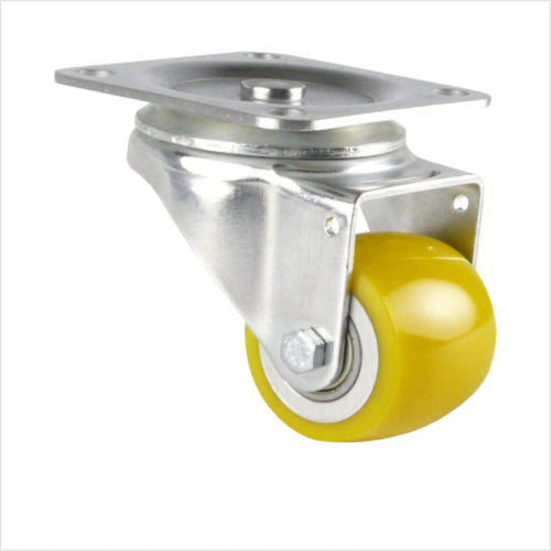 Rueda giratoria con llanta ancha de poliuretano y banda de rodadura convexa en color amarillo con carcasa galvanizada.