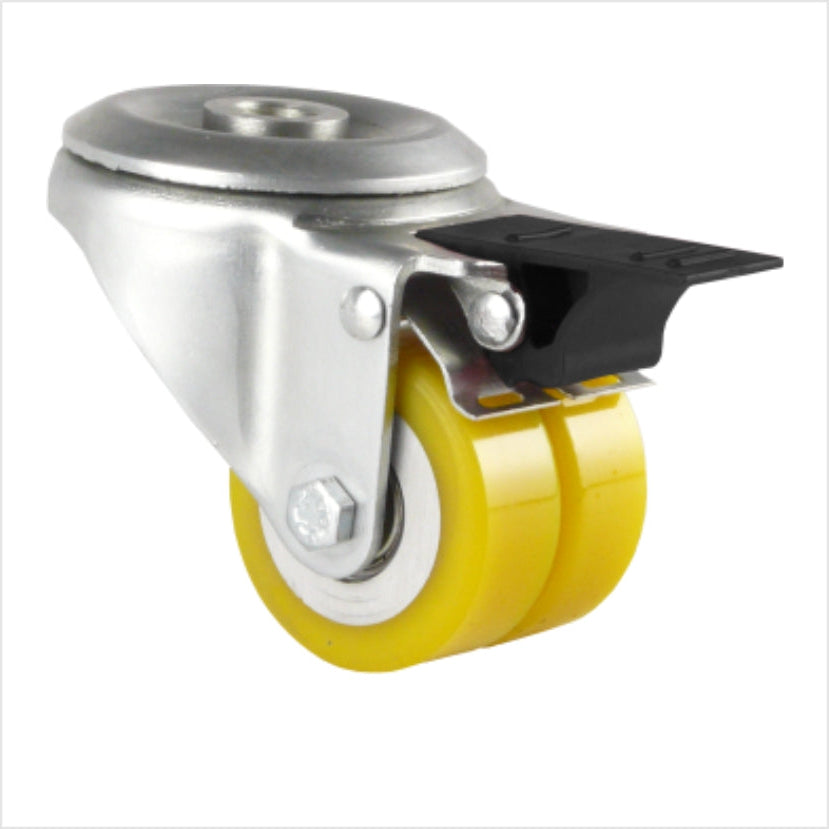 Mini rueda doble reforzada con freno, dos ruedas de 50 x 20 mm en una carcasa de chapa de acero y palanca de bloqueo negra, ruedas amarillas con banda de rodadura plana
