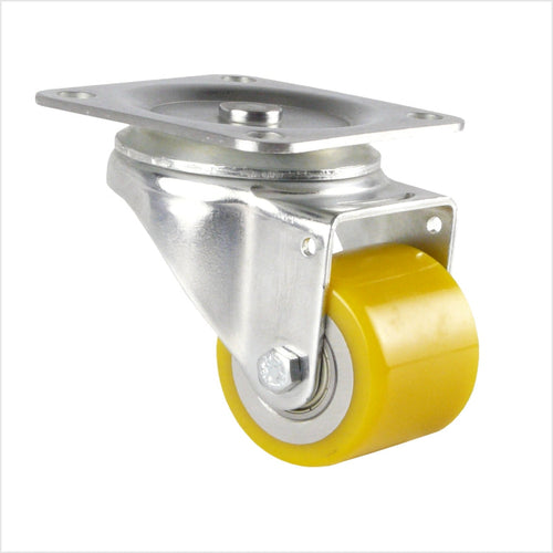 Mini rueda giratoria de alta resistencia con placa, forma de rueda plana, rueda amarilla con rodamiento de bolas en una carcasa galvanizada.