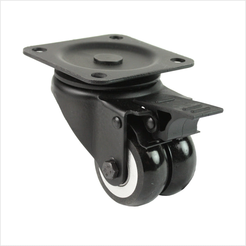 Mini rueda giratoria negra de alta resistencia LTB-MIB-691KBA con ruedas dobles abombadas y placa superior, tamaño de rueda 50 × 20 mm, rueda industrial compacta para aplicaciones de alta capacidad de carga.