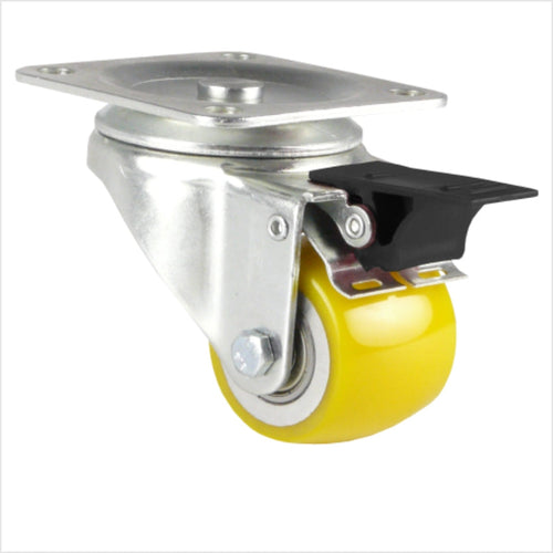 Mini rueda giratoria de alta resistencia con freno (palanca de bloqueo), rueda de poliuretano amarilla de 50 x 40 mm, forma de rueda convexa, con palanca negra, placa de cabeza para 4 agujeros.