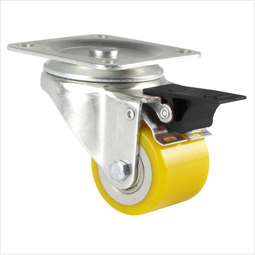Mini rueda giratoria de alta resistencia con freno (palanca de bloqueo), rueda de poliuretano amarilla de 50 x 40 mm, forma plana, con palanca negra, placa de cabeza para 4 agujeros.