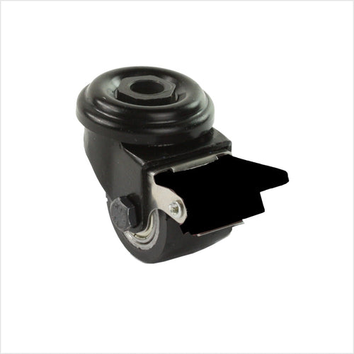 Mini rueda giratoria de alta resistencia de 35 mm, negra con orificio trasero, mecanismo de bloqueo, palanca de freno negra, rueda de poliuretano negra con 2 rodamientos de bolas.