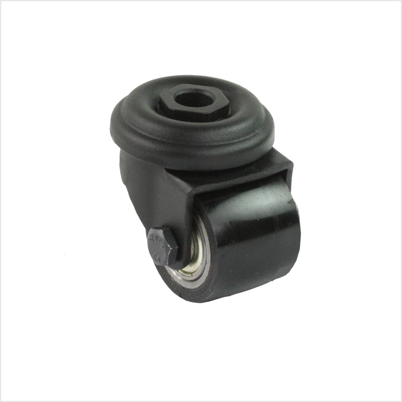 Mini rueda giratoria negra de alta resistencia con orificio trasero para tornillo. La rueda tiene una superficie de poliuretano negro sobre fondo blanco.