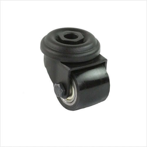 Mini rueda giratoria negra de alta resistencia con orificio trasero para tornillo. La rueda tiene una superficie de poliuretano negro sobre fondo blanco.