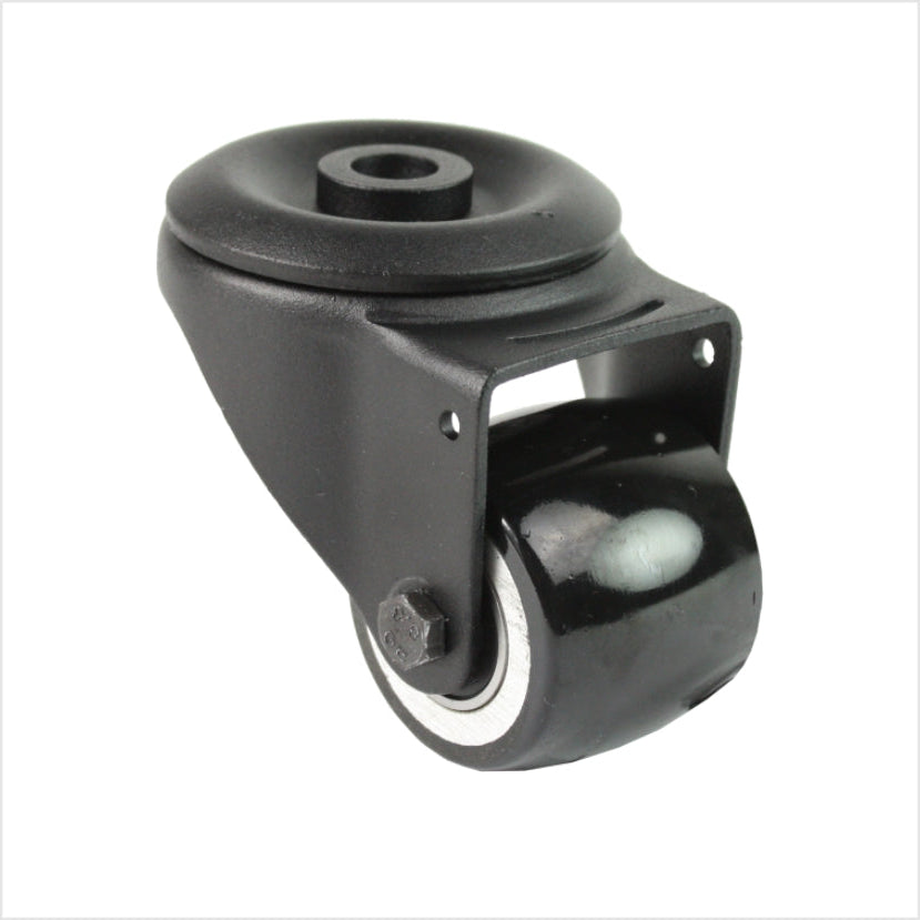 Mini rueda giratoria negra de alta resistencia R-MIB-691KBA con rueda abombada y montaje con orificio trasero, diámetro de la rueda 50 mm, rueda industrial compacta para la construcción de muebles, tiendas y stands de exposición.