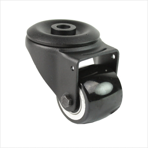 Mini rueda giratoria negra de alta resistencia R-MIB-691KBA con rueda abombada y montaje con orificio trasero, diámetro de la rueda 50 mm, rueda industrial compacta para la construcción de muebles, tiendas y stands de exposición.