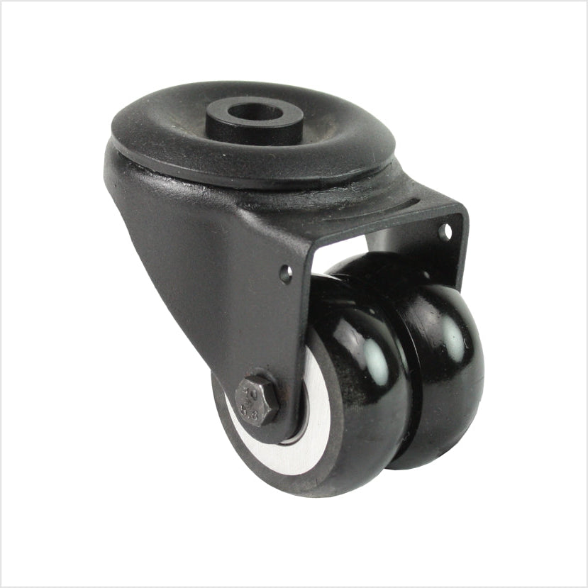 Mini rueda giratoria de alta resistencia R-MIB-691KBA con ruedas dobles abombadas y fijación mediante orificio para perno, tamaño de rueda 50 × 20 mm, rueda industrial compacta para aplicaciones de alta capacidad de carga.