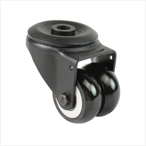 Mini rueda giratoria de alta resistencia R-MIB-691KBA con ruedas dobles abombadas y fijación mediante orificio para perno, tamaño de rueda 50 × 20 mm, rueda industrial compacta para aplicaciones de alta capacidad de carga.