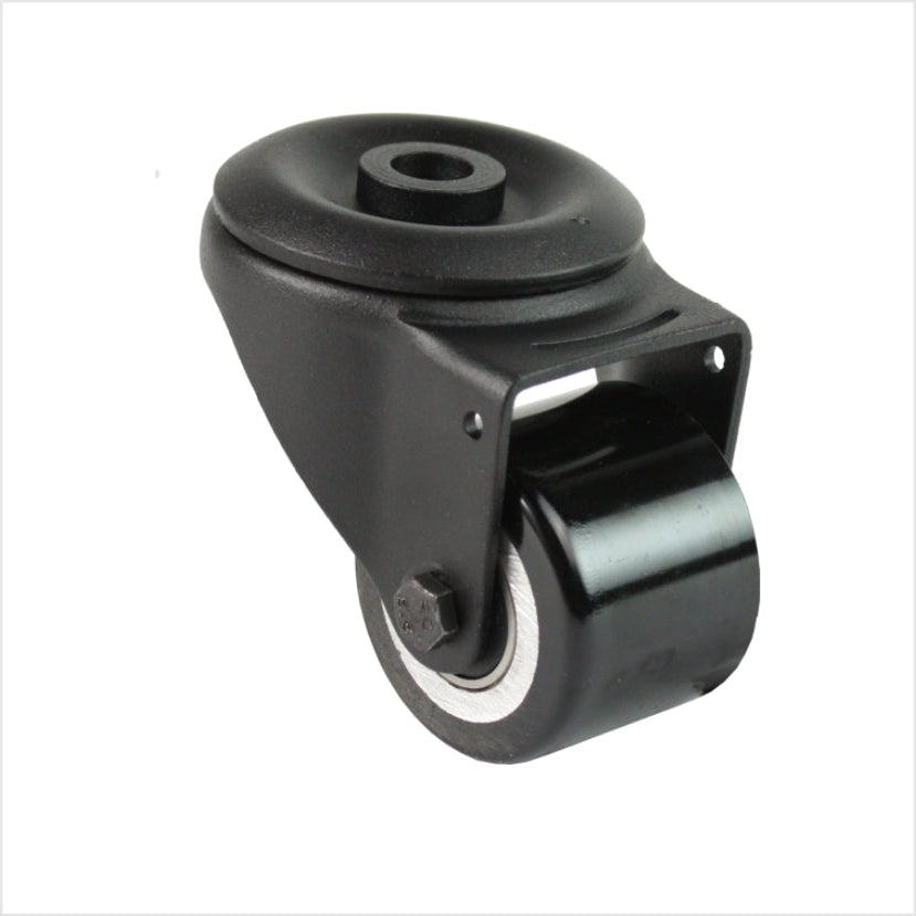 Mini rueda giratoria negra de alta resistencia R-MIB-691KFL con orificio de montaje trasero y rueda doble plana, diámetro de rueda de 50 mm, rueda industrial compacta para la construcción de muebles, tiendas y stands de exposición.