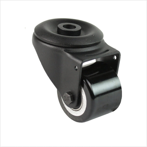 Mini rueda giratoria negra de alta resistencia R-MIB-691KFL con orificio de montaje trasero y rueda doble plana, diámetro de rueda de 50 mm, rueda industrial compacta para la construcción de muebles, tiendas y stands de exposición.