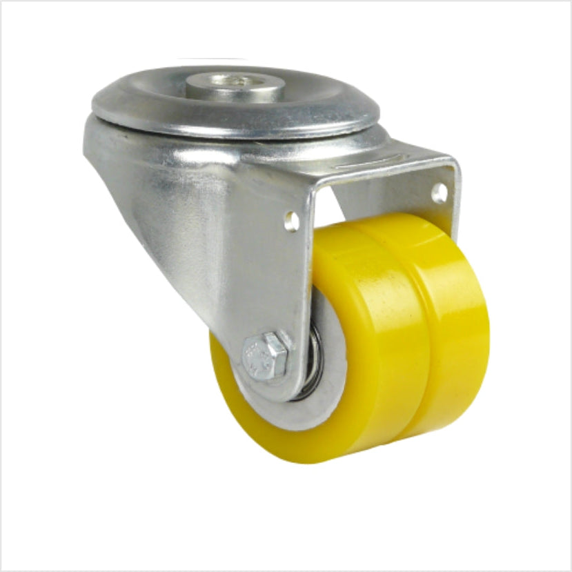 minischwerlast-Lenkrolle mit Rückenloch zur Befestigung mit einer Schraube in der Kopfplatte. Mit zwei Rädern aus Polyurethan mit Aluminium-Felge 50 x 20 mm in gelb.
