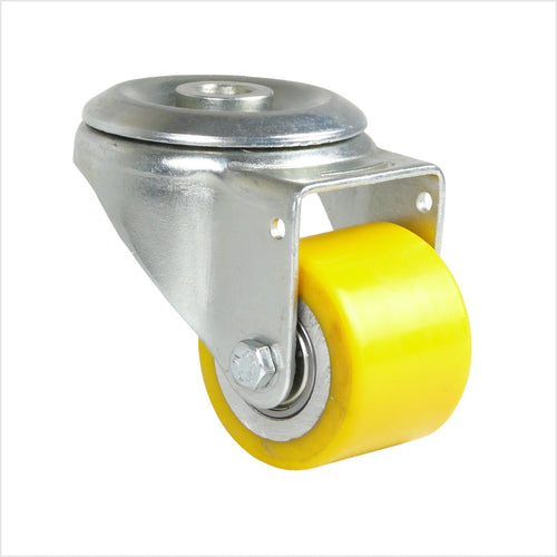 Rueda giratoria con orificio de montaje y rueda ancha de poliuretano de 50 x 40 mm en color amarillo. Carcasa galvanizada.
