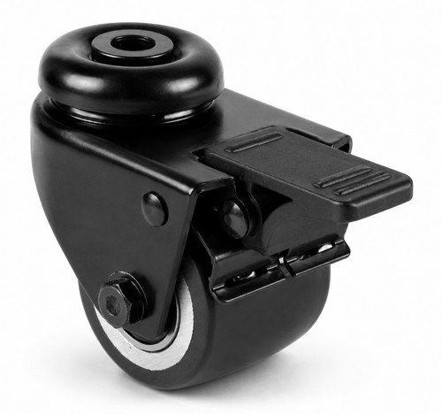 Schwarze 50 mm Mini-Schwerlast-Lenkrolle RTB-DAPS/691KBA mit Feststeller, balligem Polyurethan-Rad und Rückenlochbefestigung