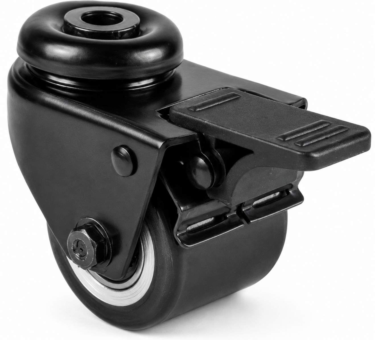 Schwarze 50 mm Mini-Schwerlast-Lenkrolle RTB-DAPS/691KFL mit Feststeller, Polyurethan-Rad und Rückenlochbefestigung