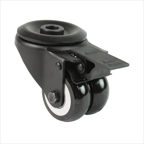 Mini rueda giratoria de alta resistencia RTB-MIB-691KBA con ruedas dobles abombadas, fijación mediante orificio para perno y freno de bloqueo total, tamaño de rueda 50 × 20 mm, rueda industrial compacta para aplicaciones de alta capacidad de carga.