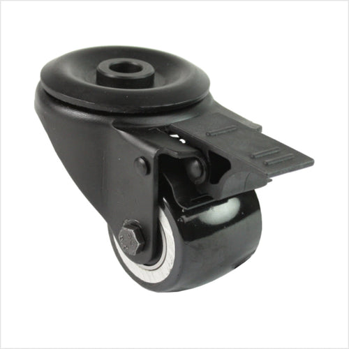 Mini rueda giratoria negra de alta resistencia RTB-MIB-691KFL con rueda abombada, montaje con orificio trasero y freno, diámetro de la rueda 50 mm, rueda industrial compacta para la construcción de muebles, tiendas y stands de exposición.