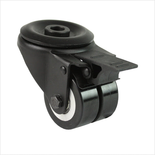Mini rueda giratoria de alta resistencia RTB-MIB-691KFL con ruedas dobles planas, fijación mediante orificio para perno y freno de bloqueo total, tamaño de rueda 50 × 20 mm, rueda industrial compacta para alta capacidad de carga.