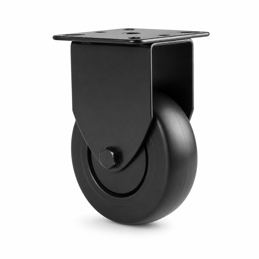 Schwarze Bockrolle 50 mm mit Anschraubplatte – Gummi, spurfrei & leise