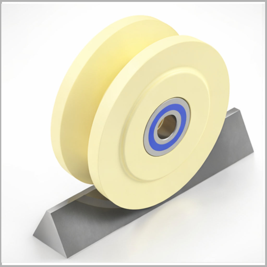 V-Nut 90° / 25 mm Führungsrolle für Winkelschienen aus PA6G natur – Ø 200 mm, Kugellager – DSPV-2505NK/200/33/25