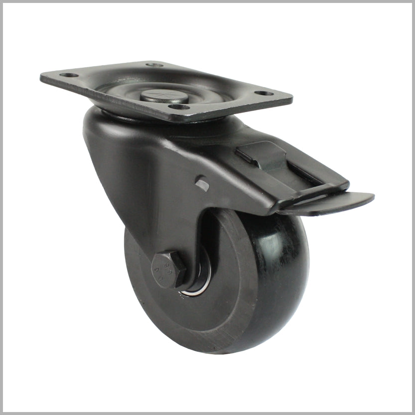Rueda giratoria negra de 80 mm con freno, rueda de poliuretano convexa y placa de montaje de 105 x 80 mm.