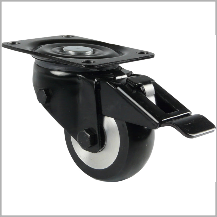 Rueda giratoria negra de alta resistencia de 100 mm con freno y rueda de poliuretano con borde curvado.
