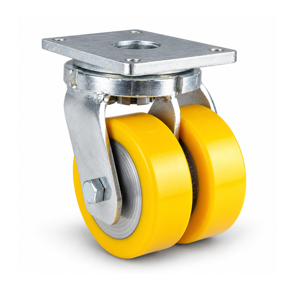 Schwerlast-Lenkrolle Ø 200 mm Doppelrad, Polyurethan gelb flach, verzinktes Stahlgehäuse, 2000 kg – L-MGGS/690KFL/200/50