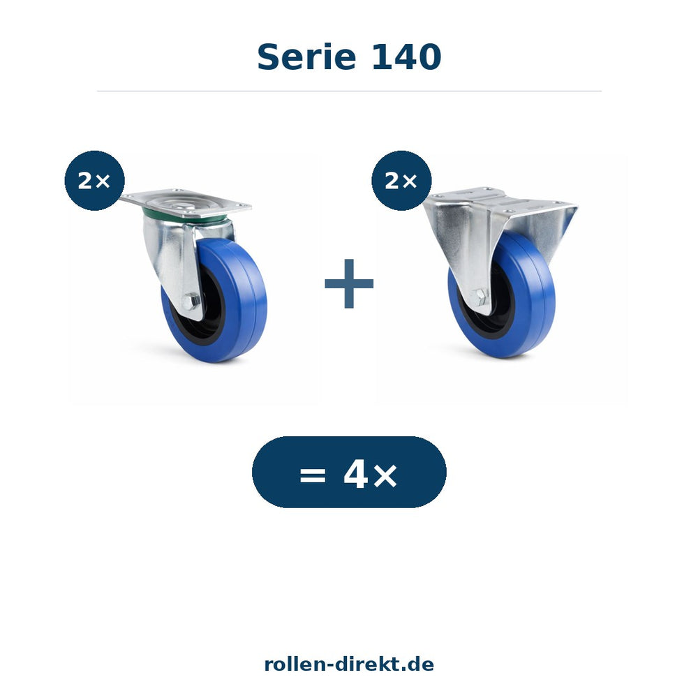 Flight-Case Rollensatz 100 mm – 2 Lenkrollen + 2 Bockrollen – Elastik-Gummi spurfrei